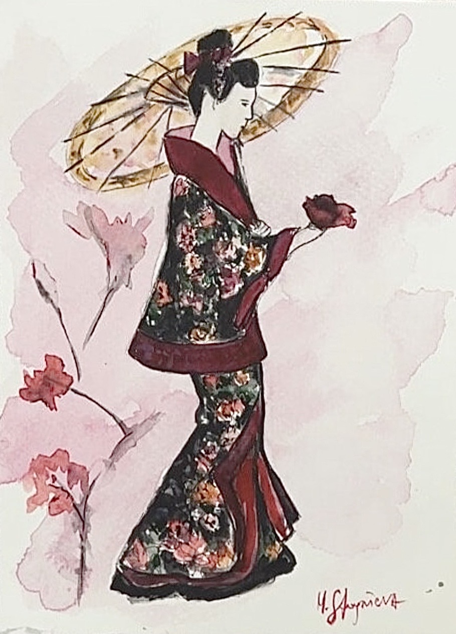 Geisha with a Flower by Marina Stognieva, watercolor on paper, 18 × 24 cm